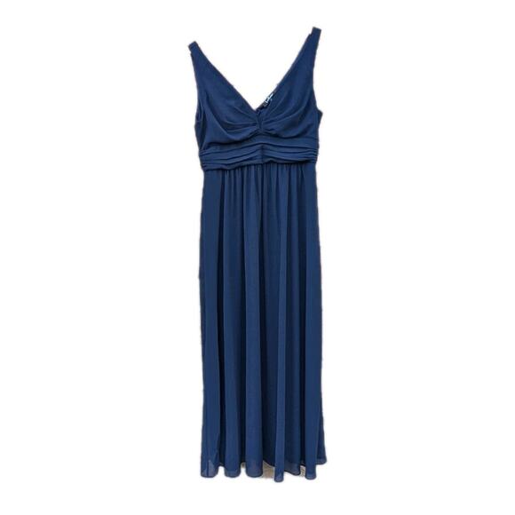 Lulus Leading Role Navy Blue Maxi Dress Sz L Plunging Neckline Chiffon Ruched - Picture 1 of 8